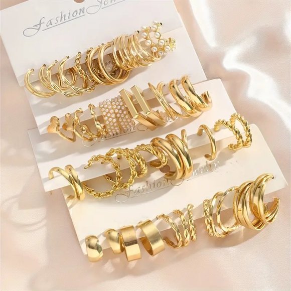 24Pairs Golden Hoop Earrings Set With Faux Pearl Decor Sexy Simple Style Jewelry - Picture 3 of 7